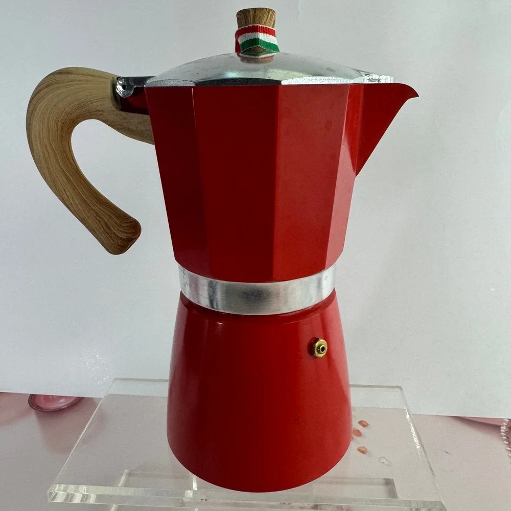 Gnali & Zani Red Stovetop Espresso Maker Moka Pot Wood Look Handle 8.5in